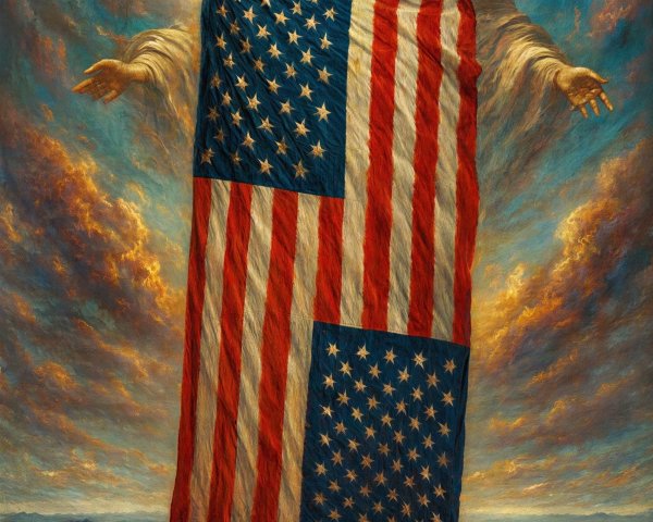Celestial Figure Holding American Flag Over Landscape