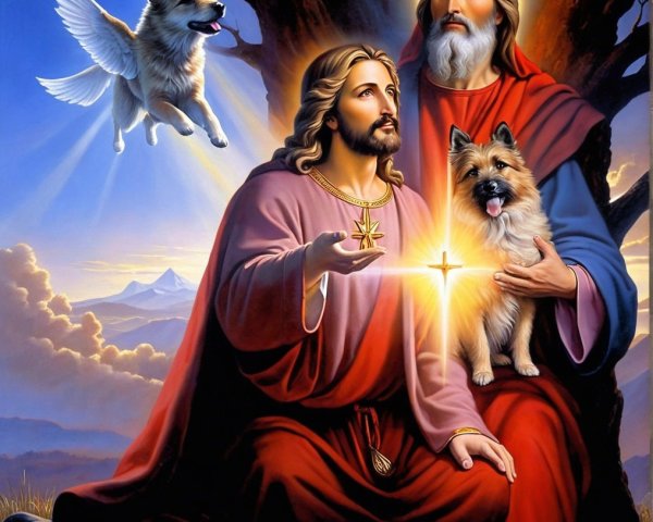 Serene Scene of Figures Under a Tree with Dogs