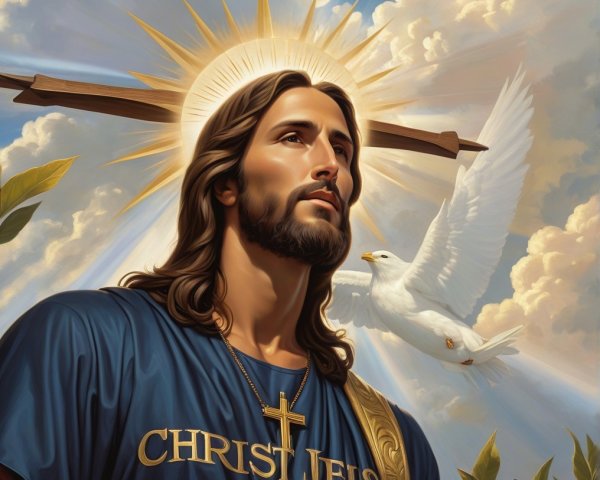 Regal Jesus Christ in Blue Robe with Dove and Halo