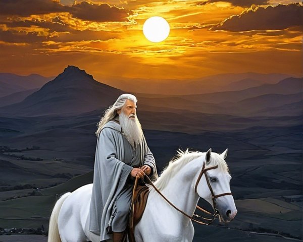 Ethereal figure on white horse at sunset landscape