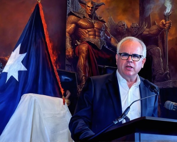 Gray-haired man speaks at podium in dimly lit room