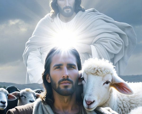 Serene Landscape Featuring Compassionate Figure and Sheep