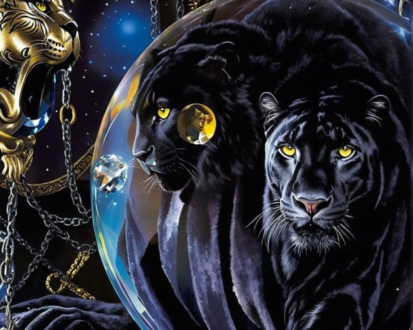 Detailed depiction of black panthers in crystal sphere