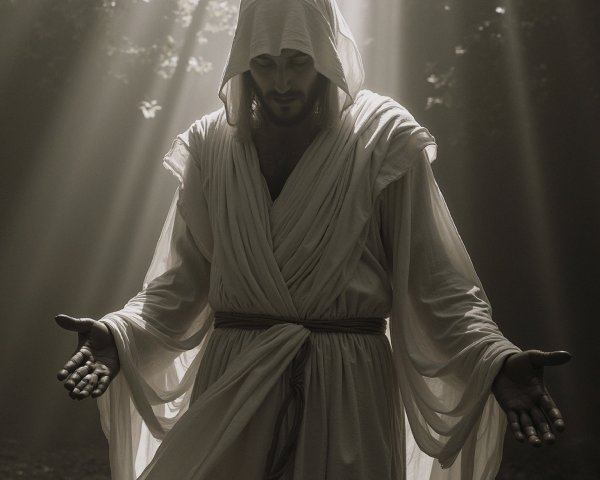 Serene Figure in White Robes in Mystical Forest Light