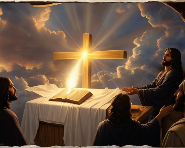 Serene Heavenly Scene with Radiant Cross and Worshippers