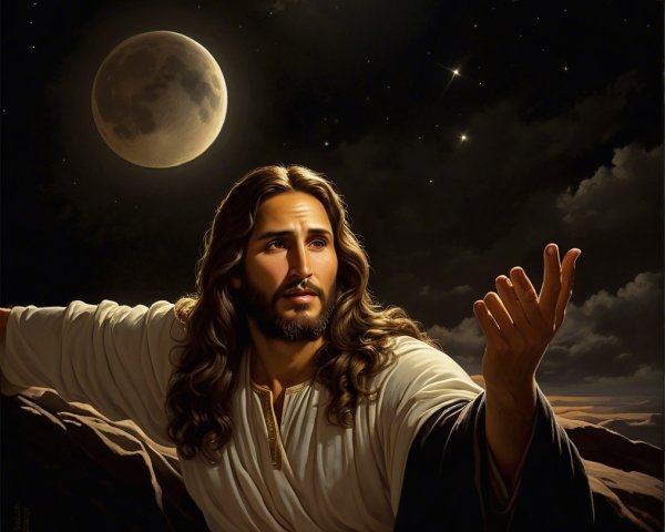 Traditional Jesus Figure Against Dramatic Night Sky