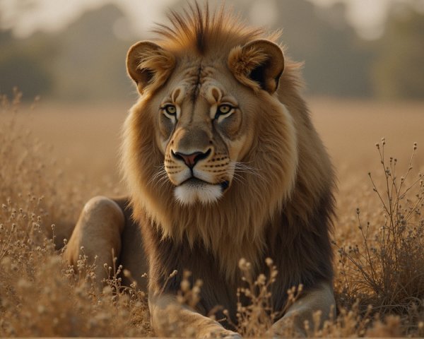 Majestic lion resting in sunlit field with grasses