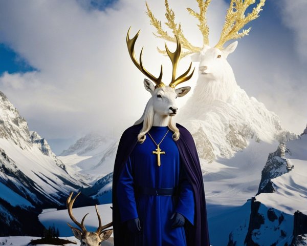 Surreal Snowy Landscape with Majestic Deer Figure