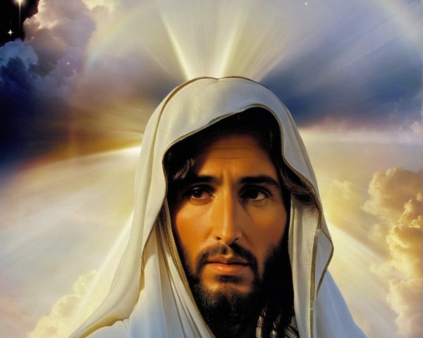 Serene figure in robe with radiant halo and clouds