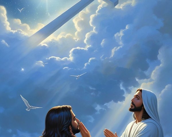 Serene Spiritual Scene with Figures and Cross in Clouds