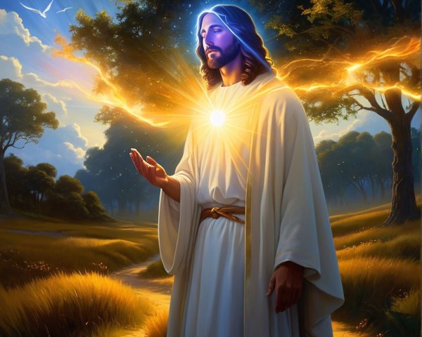 Divine Figure in Sunlit Landscape with Radiant Light