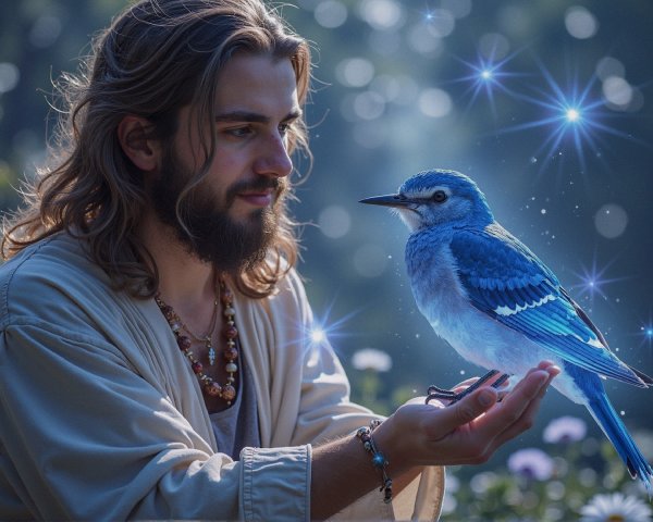 Young man with blue bird in a lush, serene setting