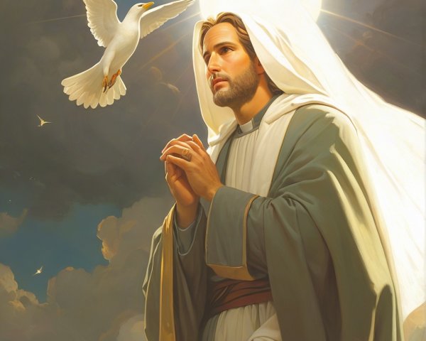 Serene figure in prayer with dove and radiant light