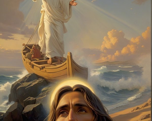 Serene Scene of a Figure in White Robes on Rock