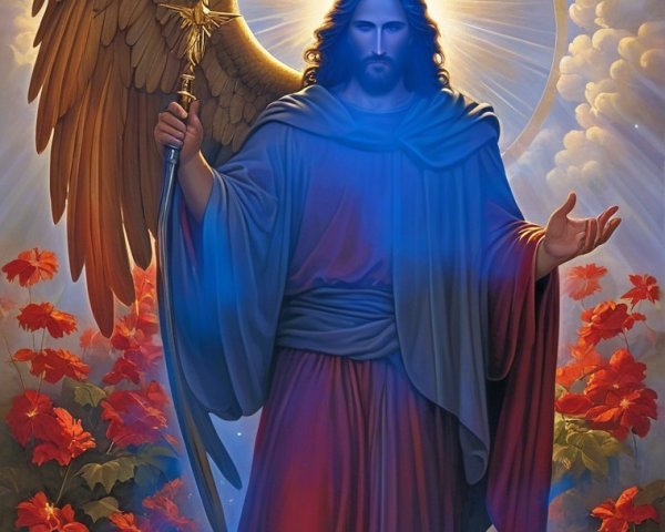 Majestic figure in blue robe among red flowers