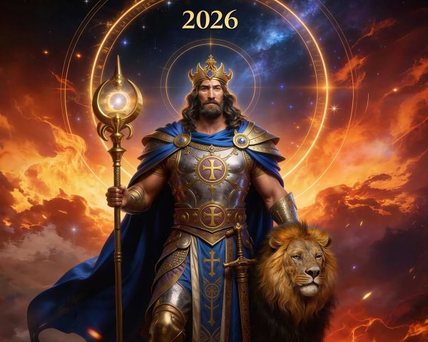 Majestic king in blue and gold armor with lion companion