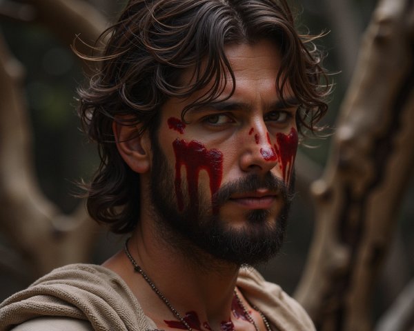 Fierce warrior in a dense forest with dramatic features