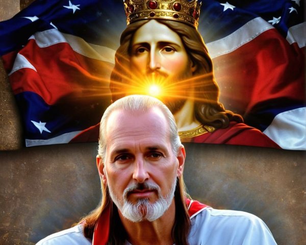 Man in White Robe with Crowned Figure Background