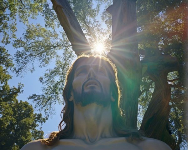 Serene Jesus Christ Sculpture Under Tree with Halo