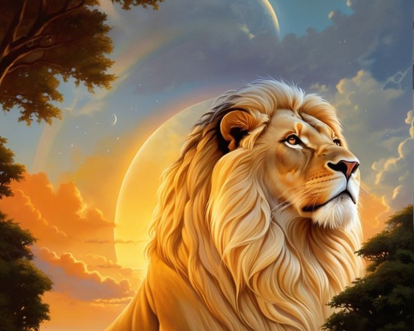 Majestic lion against a vibrant sunset backdrop