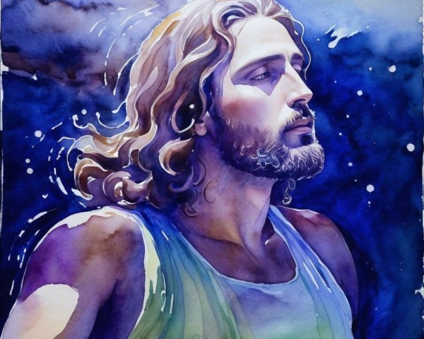 Male Figure with Long Hair in Watercolor Landscape