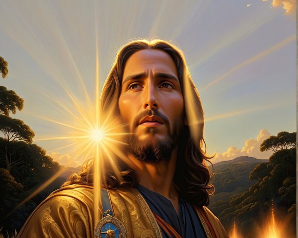 Serene figure in sunlight with lush greenery backdrop