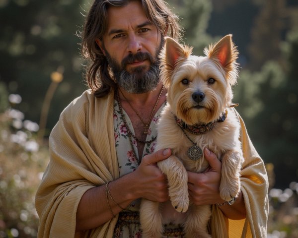Man in Earthy Garment with Small Dog in Nature