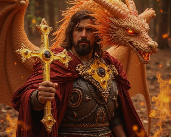 Armored Figure and Dragon in Enchanted Forest Setting