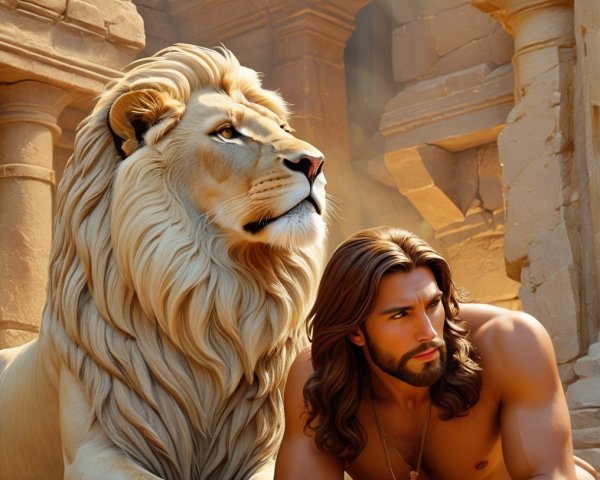 Muscular Man and Lion in Ancient Stone Setting