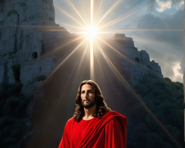 Figure in Red Robe Surrounded by Dramatic Cliffs