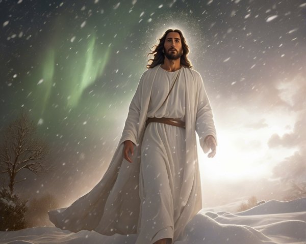 Serene figure in snowy landscape with aurora borealis