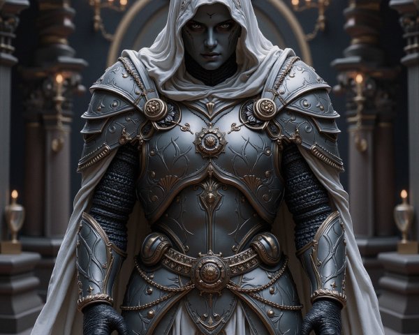 Confident Figure in Ornate Silver and Black Armor