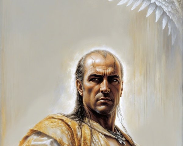 Muscular Man in Golden Robe with Angelic Wing