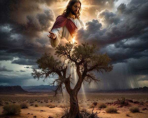Christ in clouds with rays over desert tree and mountains