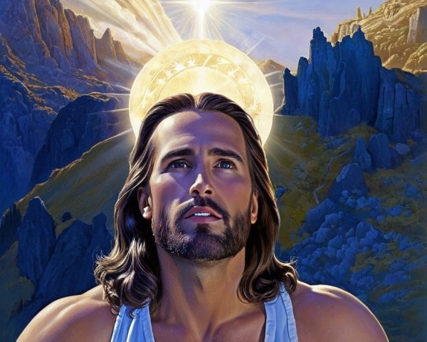 Serene figure in radiant light against majestic mountains