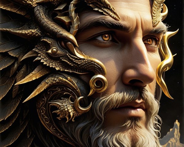 Majestic figure with dragon motifs and golden details