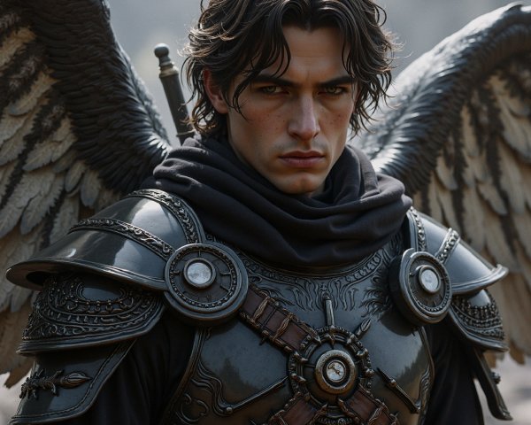 Ornate Dark Armor with Majestic Wings and Serious Expression
