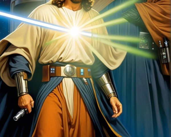Dramatic Sci-Fi Scene with Robed and Armored Figures