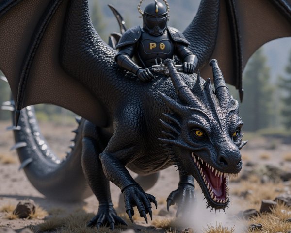Fierce dragon and knight in dark armor over rugged landscape
