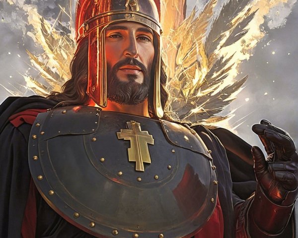 Heroic Figure in Ornate Armor with Red Cape and Wings