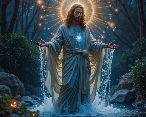 Serene figure in tranquil forest with radiant light