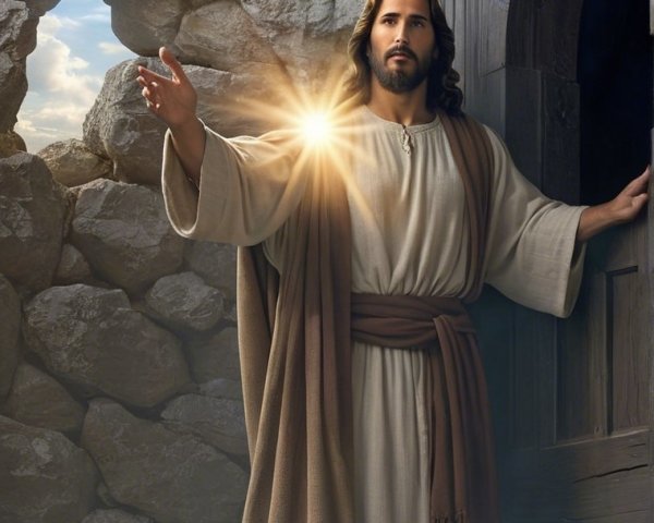 Serene figure by ancient stone doorway with radiant light