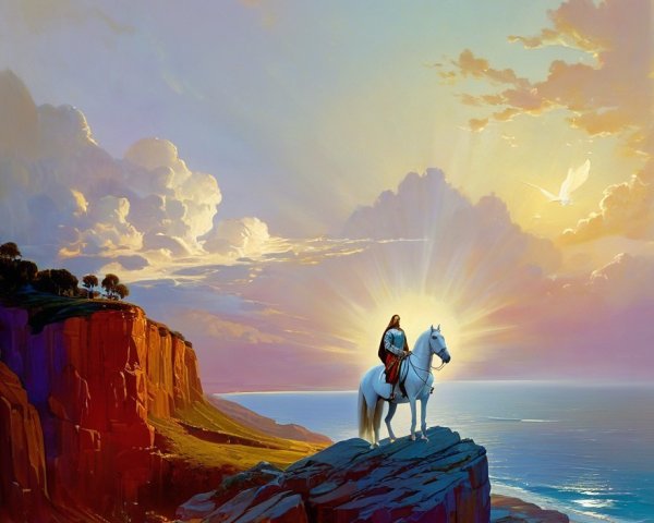 Majestic Sunset Over Ocean with Rider on White Horse