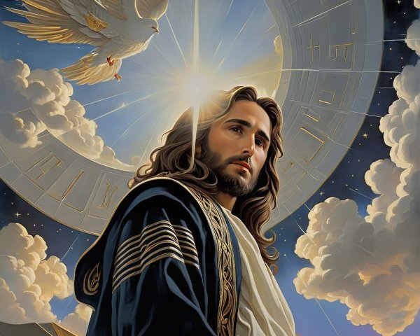 Serene Figure Surrounded by Light and Doves