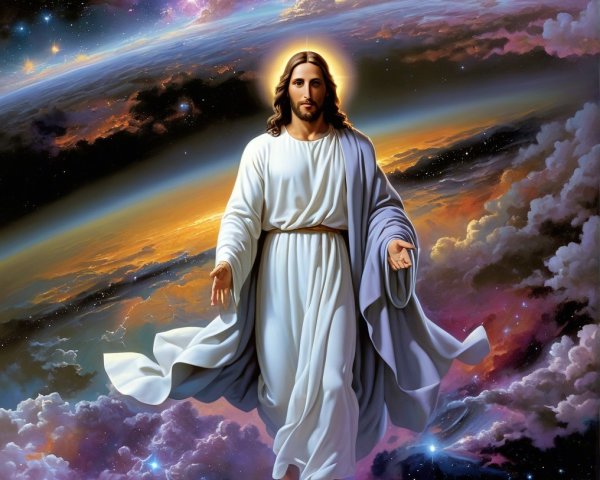 Divine Figure Against Cosmic Backdrop with Galaxies