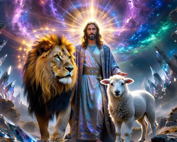 Divine Being Surrounded by Nebulae and Lion Companion