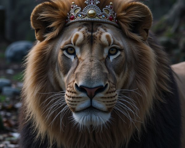Majestic lion with crown in a blurred forest background
