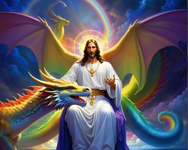 Divine Figure with Dragon in Celestial Setting