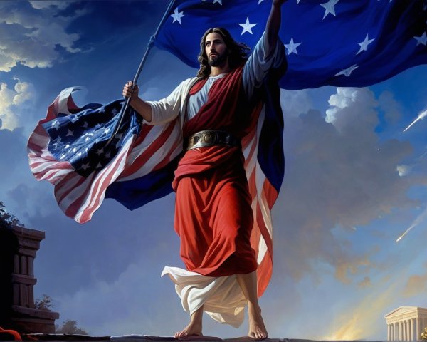 Figure Resembling Jesus with American Flag and Clouds