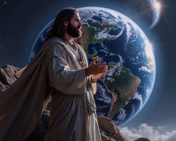 Serene figure with Earth backdrop in mystical setting